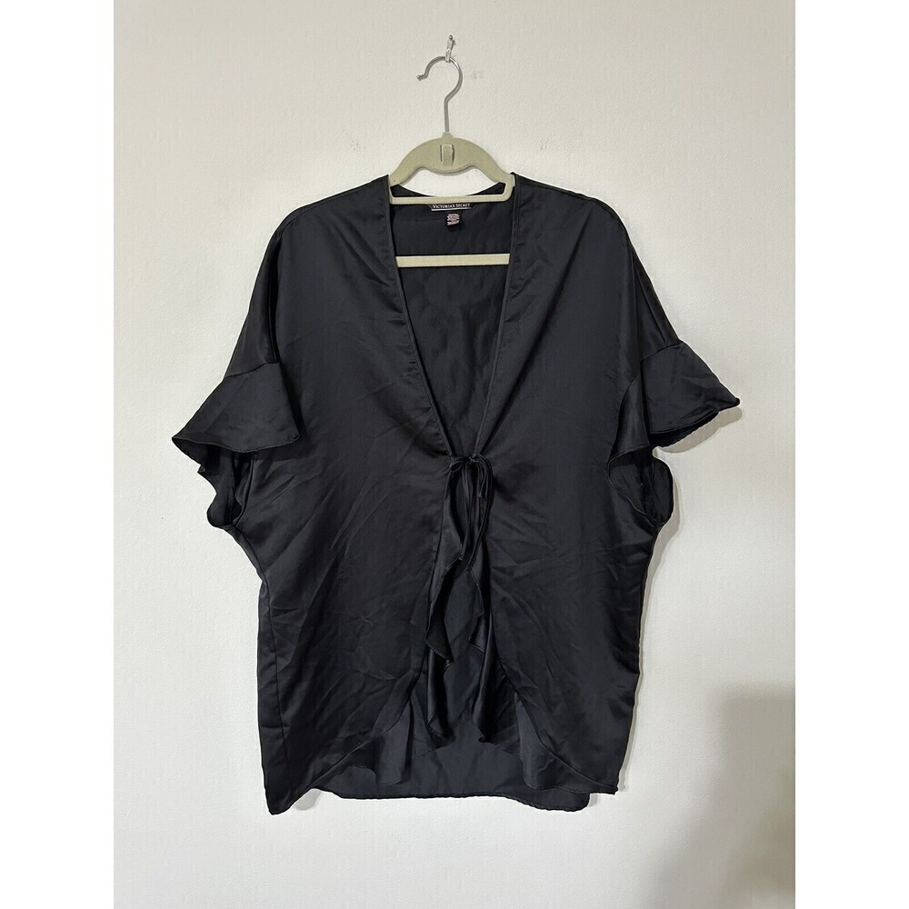 Victoria's Secret Black Satin Ruffled Kimono Tie-front Robe Lounge Women's O/S